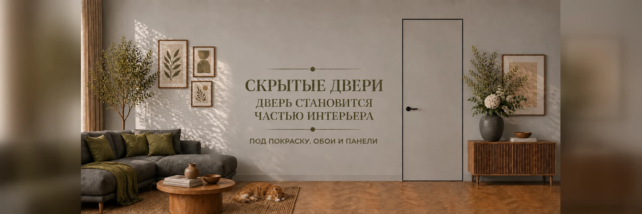 Скрытая дверь целиком с чёрной кромкой в жилом интерьере
