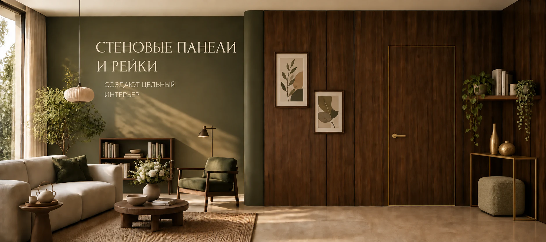 Стеновые панели, скрытая дверь и матово-золотые детали в жилом интерьере