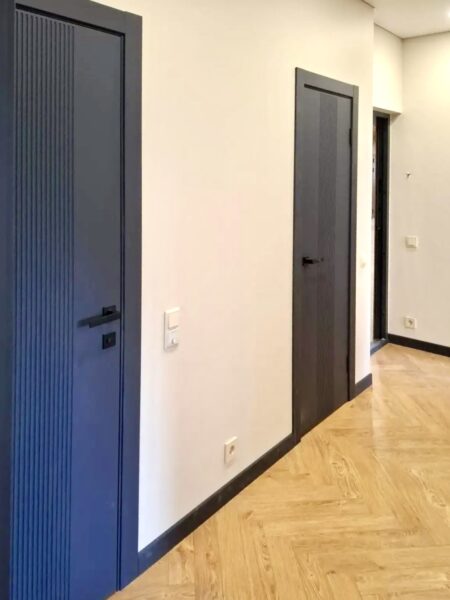 Графитовые межкомнатные двери и плинтус в едином цвете в квартире в Сестрорецке