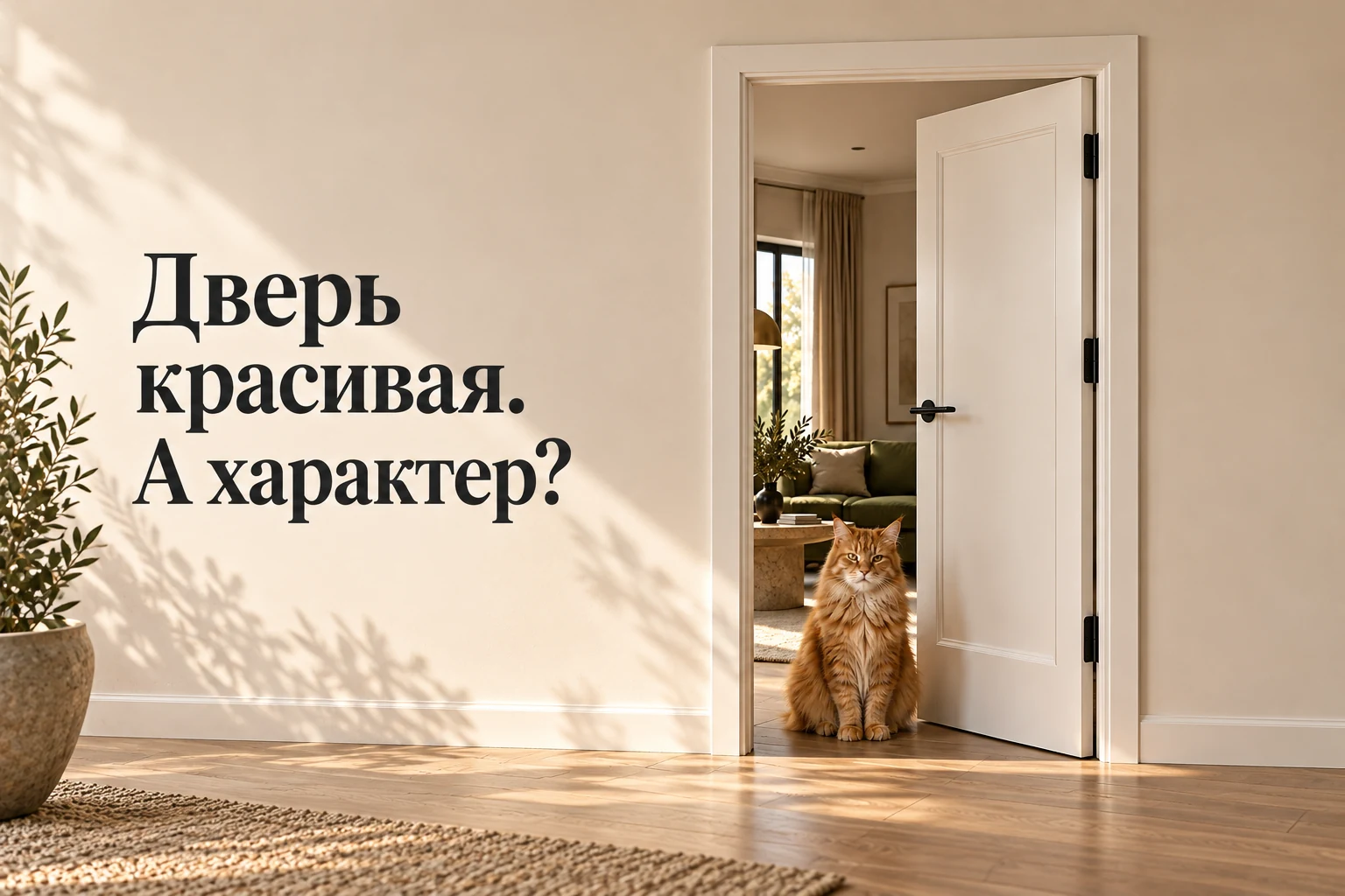 Белая межкомнатная дверь с чёрной фурнитурой и рыжий кот в светлом интерьере.